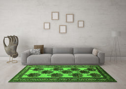Machine Washable Oriental Green Industrial Area Rugs in a Living Room,, wshurb809grn
