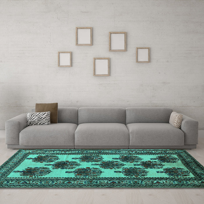 Machine Washable Oriental Turquoise Industrial Area Rugs in a Living Room,, wshurb809turq
