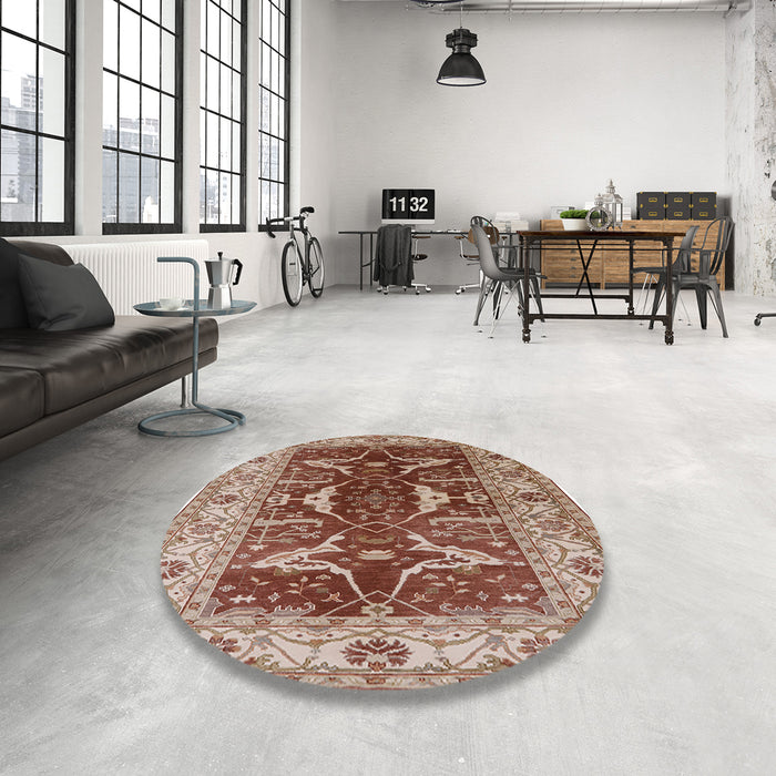 Round Mid-Century Modern Fire Brick Red Oriental Rug in a Office, urb810