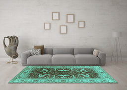 Machine Washable Oriental Turquoise Traditional Area Rugs in a Living Room,, wshurb810turq