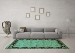 Machine Washable Oriental Turquoise Traditional Area Rugs in a Living Room,, wshurb811turq