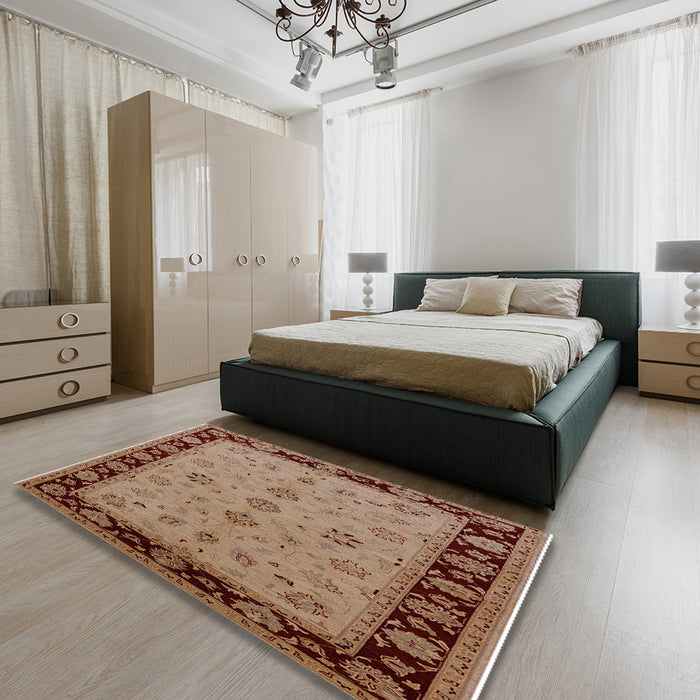 Mid-Century Modern Light Copper Gold Oriental Rug in a Bedroom, urb811