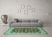 Machine Washable Oriental Turquoise Traditional Area Rugs in a Living Room,, wshurb814turq