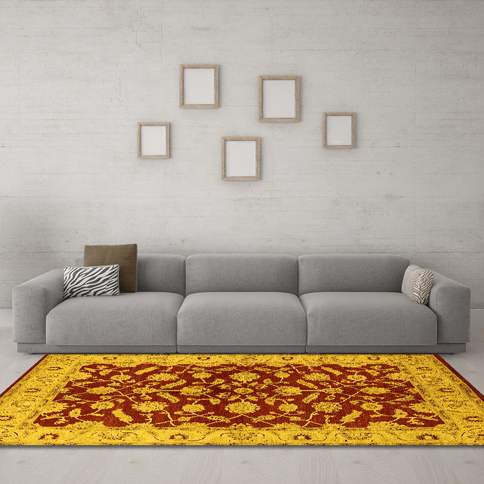 Machine Washable Oriental Yellow Traditional Rug in a Living Room, wshurb814yw