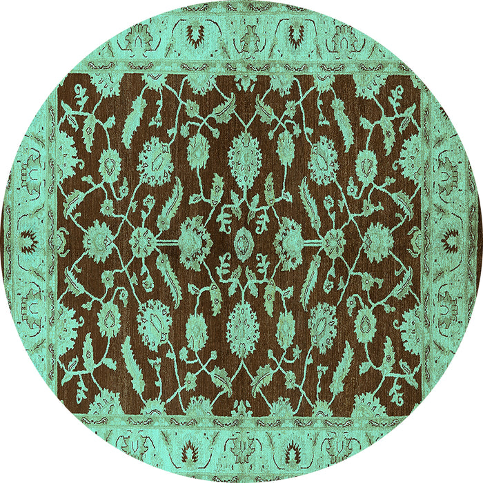 Round Machine Washable Oriental Turquoise Traditional Area Rugs, wshurb814turq