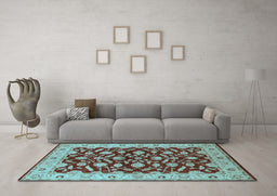 Machine Washable Oriental Light Blue Traditional Rug in a Living Room, wshurb814lblu