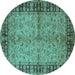 Round Machine Washable Oriental Turquoise Traditional Area Rugs, wshurb816turq