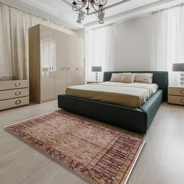 Mid-Century Modern Chestnut Brown Oriental Rug in a Bedroom, urb816