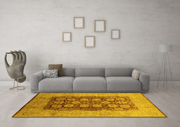Machine Washable Oriental Yellow Traditional Rug in a Living Room, wshurb818yw
