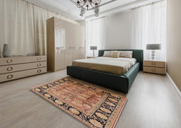 Mid-Century Modern Brown Sand Brown Oriental Rug in a Bedroom, urb819