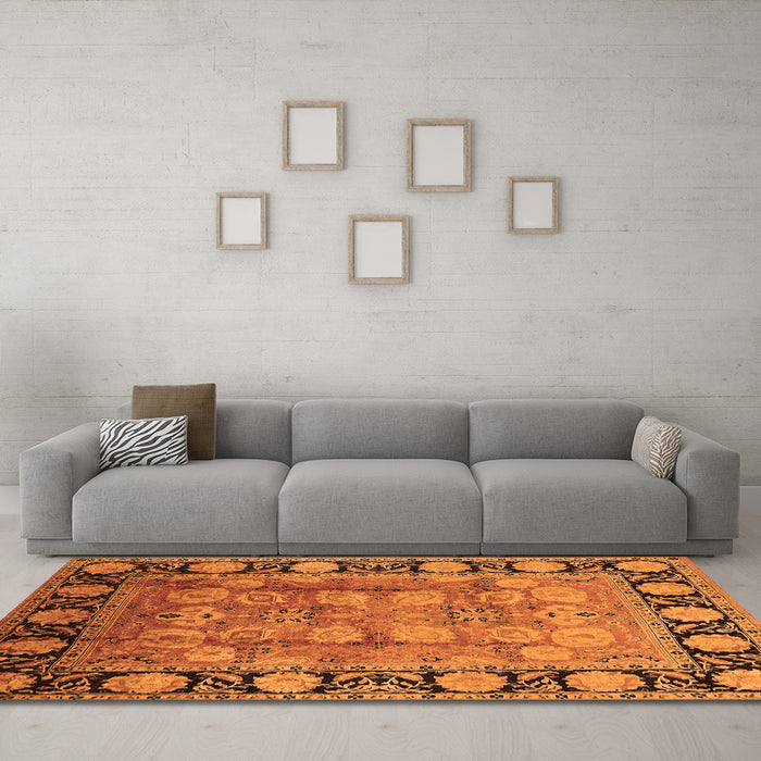 Machine Washable Oriental Orange Traditional Area Rugs in a Living Room, wshurb819org