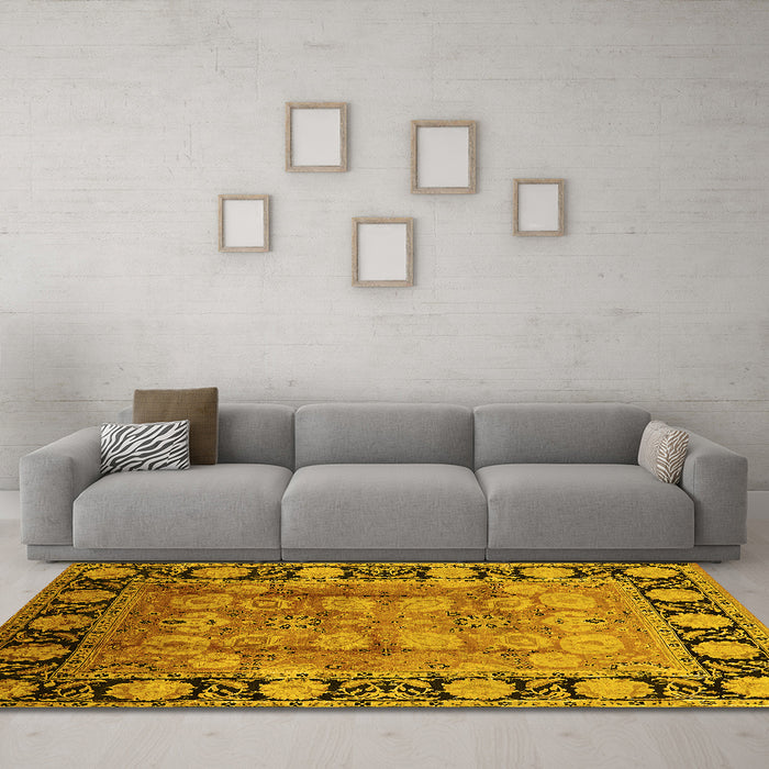 Machine Washable Oriental Yellow Traditional Rug in a Living Room, wshurb819yw