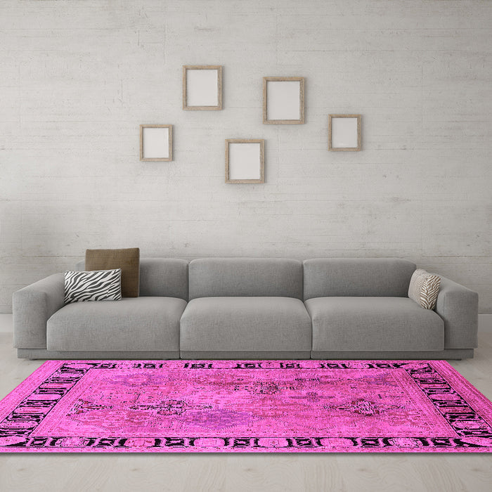 Machine Washable Oriental Pink Traditional Rug in a Living Room, wshurb820pnk