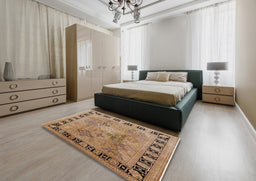 Mid-Century Modern Brown Sand Brown Oriental Rug in a Bedroom, urb820