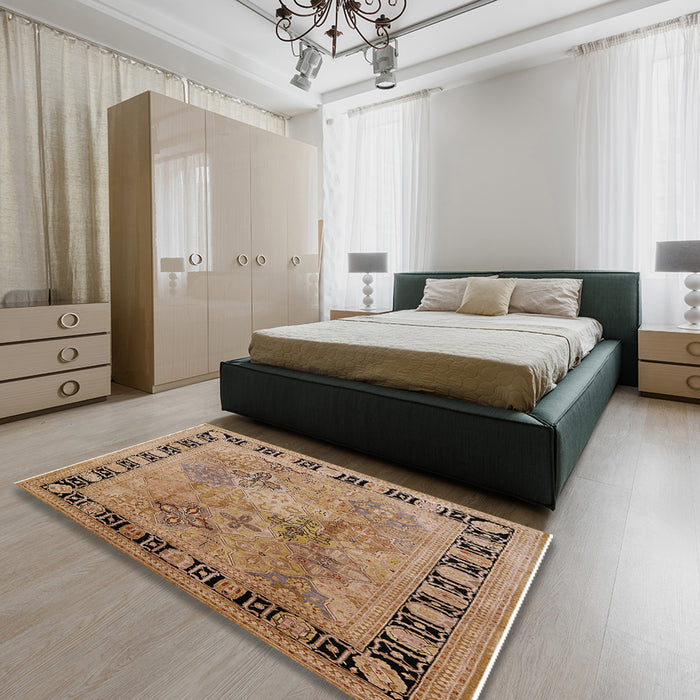 Mid-Century Modern Brown Sand Brown Oriental Rug in a Bedroom, urb820