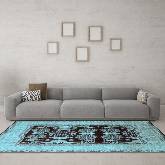 Machine Washable Oriental Light Blue Industrial Rug in a Living Room, wshurb821lblu