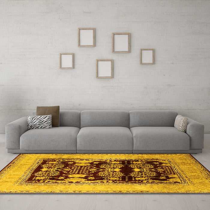Machine Washable Oriental Yellow Industrial Rug in a Living Room, wshurb821yw