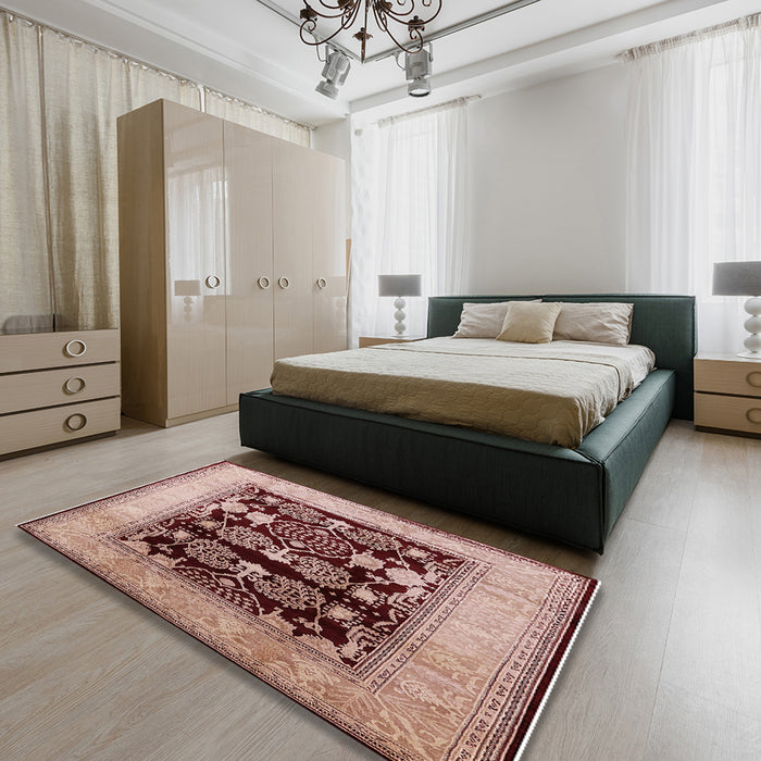 Mid-Century Modern Pastel Orange Oriental Rug in a Bedroom, urb821