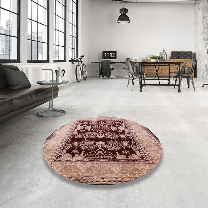 Round Mid-Century Modern Pastel Orange Oriental Rug in a Office, urb821