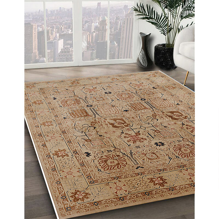 Mid-Century Modern Light Brown Oriental Rug in Family Room, urb822