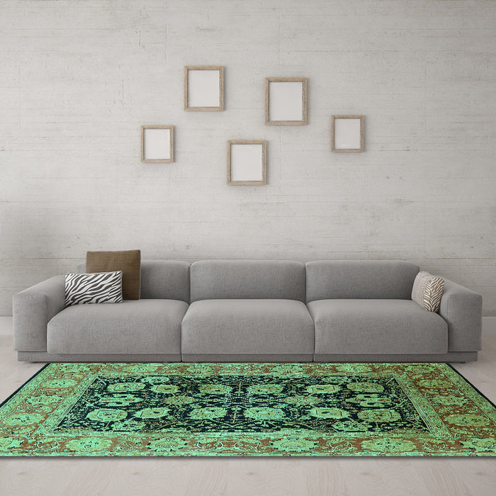 Machine Washable Oriental Turquoise Industrial Area Rugs in a Living Room,, wshurb823turq