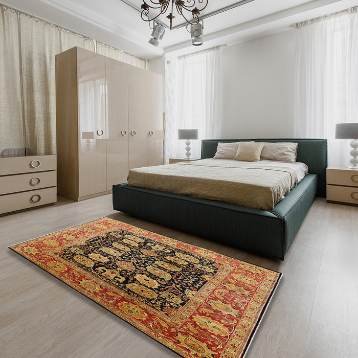 Mid-Century Modern Saffron Red Oriental Rug in a Bedroom, urb823