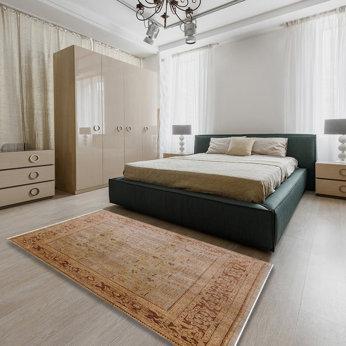 Mid-Century Modern Light Copper Gold Oriental Rug in a Bedroom, urb827