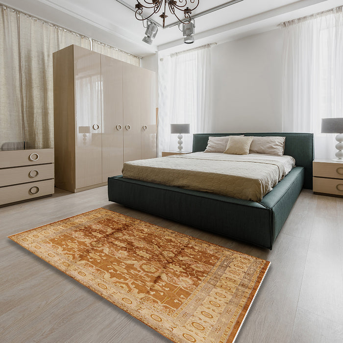 Mid-Century Modern Mahogany Brown Oriental Rug in a Bedroom, urb830