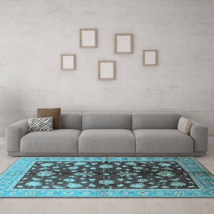 Machine Washable Oriental Light Blue Industrial Rug in a Living Room, wshurb834lblu