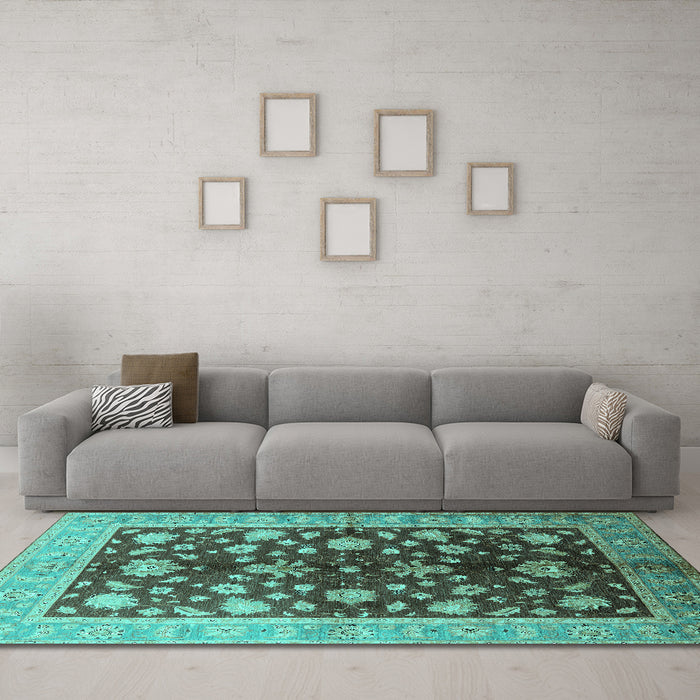 Machine Washable Oriental Turquoise Industrial Area Rugs in a Living Room,, wshurb834turq