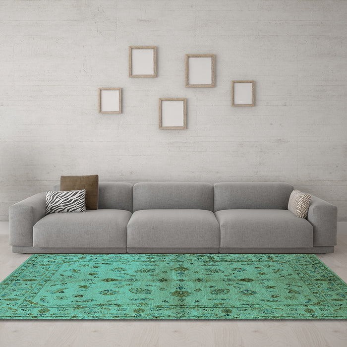 Machine Washable Oriental Turquoise Industrial Area Rugs in a Living Room,, wshurb835turq