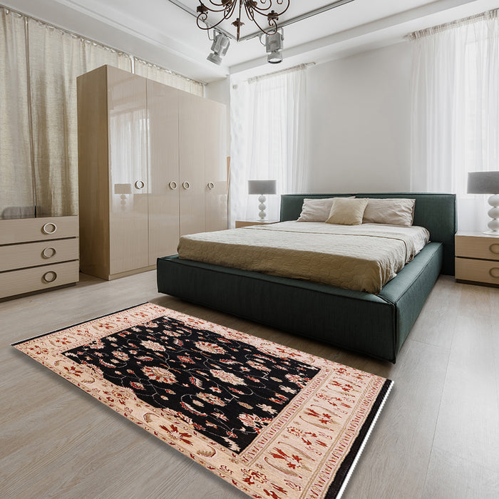Mid-Century Modern Pastel Orange Oriental Rug in a Bedroom, urb836