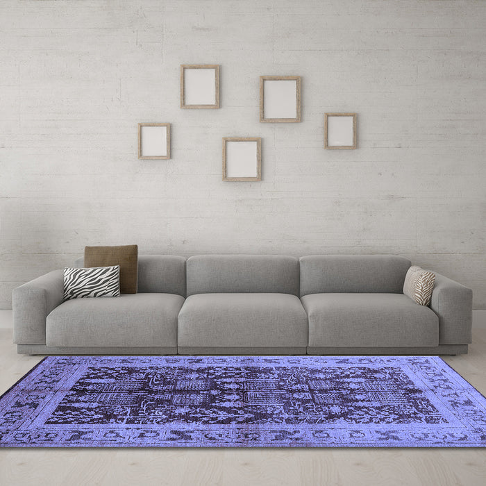 Machine Washable Oriental Blue Industrial Rug in a Living Room, wshurb837blu