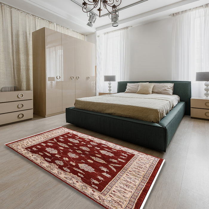 Mid-Century Modern Red Oriental Rug in a Bedroom, urb838