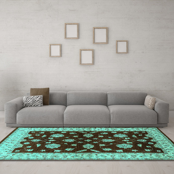 Machine Washable Oriental Turquoise Industrial Area Rugs in a Living Room,, wshurb838turq