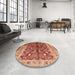 Round Mid-Century Modern Brown Sand Brown Oriental Rug in a Office, urb840