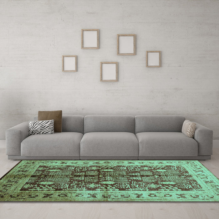 Machine Washable Oriental Turquoise Industrial Area Rugs in a Living Room,, wshurb840turq