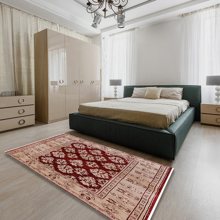 Mid-Century Modern Fire Brick Red Oriental Rug in a Bedroom, urb842