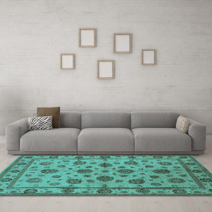 Machine Washable Oriental Turquoise Industrial Area Rugs in a Living Room,, wshurb844turq