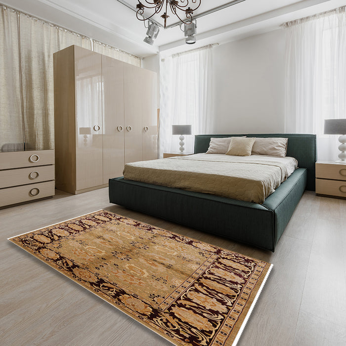 Mid-Century Modern Brown Sand Brown Oriental Rug in a Bedroom, urb845