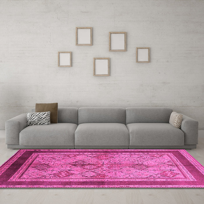Machine Washable Oriental Pink Industrial Rug in a Living Room, wshurb846pnk