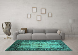 Machine Washable Oriental Turquoise Industrial Area Rugs in a Living Room,, wshurb847turq
