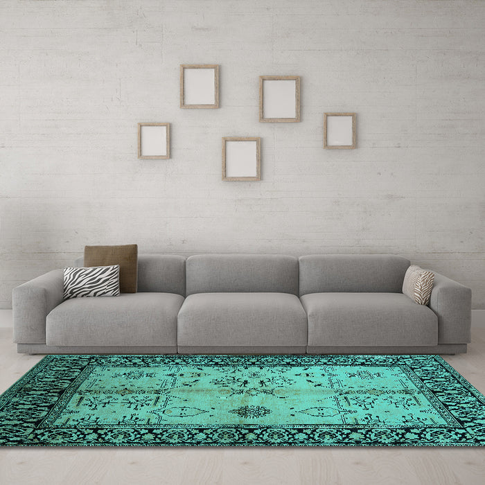Machine Washable Oriental Turquoise Industrial Area Rugs in a Living Room,, wshurb847turq