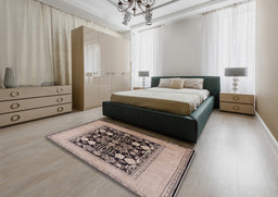 Mid-Century Modern Coffee Brown Oriental Rug in a Bedroom, urb848