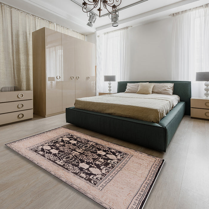 Mid-Century Modern Coffee Brown Oriental Rug in a Bedroom, urb848