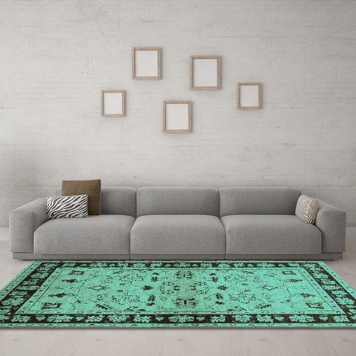Machine Washable Oriental Turquoise Industrial Area Rugs in a Living Room,, wshurb849turq