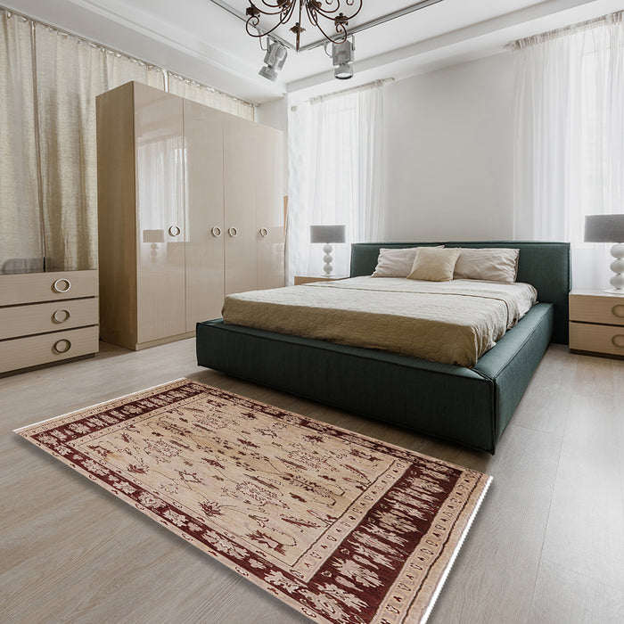 Mid-Century Modern Sienna Brown Oriental Rug in a Bedroom, urb849