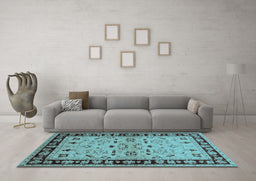 Machine Washable Oriental Light Blue Industrial Rug in a Living Room, wshurb849lblu