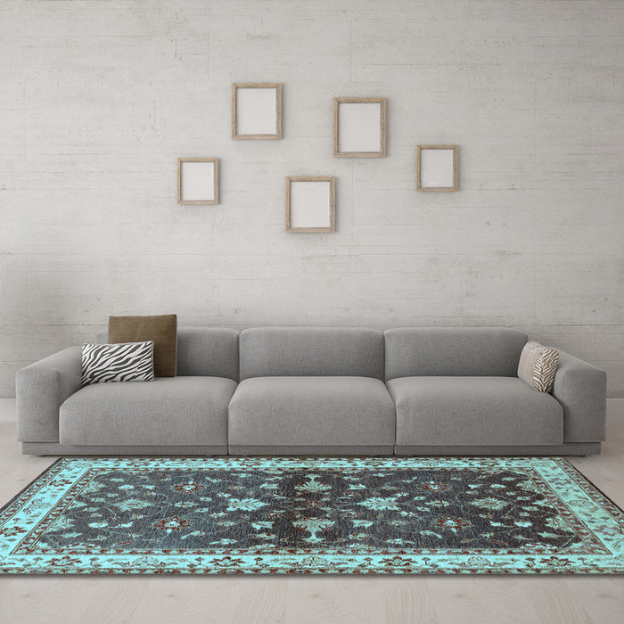 Machine Washable Oriental Light Blue Industrial Rug in a Living Room, wshurb850lblu