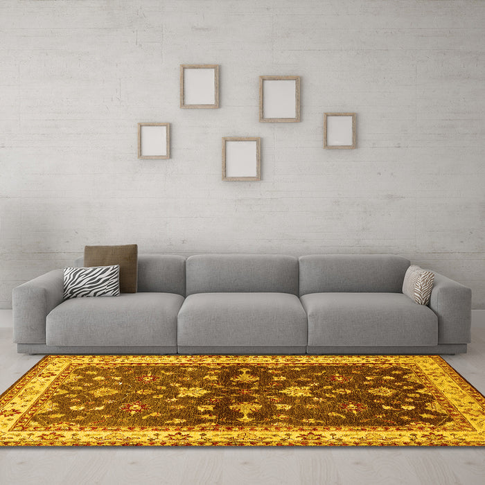 Machine Washable Oriental Yellow Industrial Rug in a Living Room, wshurb850yw